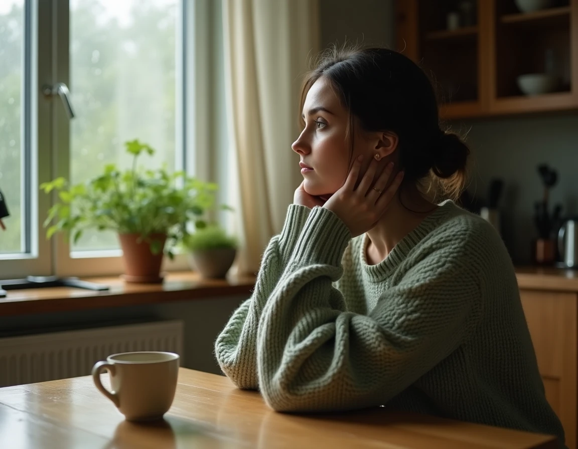 Femme contemplative assise seule dans une cuisine, symbolisant la prise de conscience et le début de la libération après une relation toxique avec un pervers narcissique
