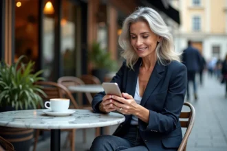 Femme mature et élégante dans la cinquantaine consultant une application de rencontre type JM Cougars sur son téléphone dans un café moderne