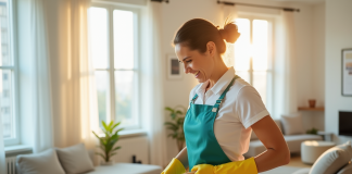 Femme de ménage souriante dans un salon lumineux et moderne