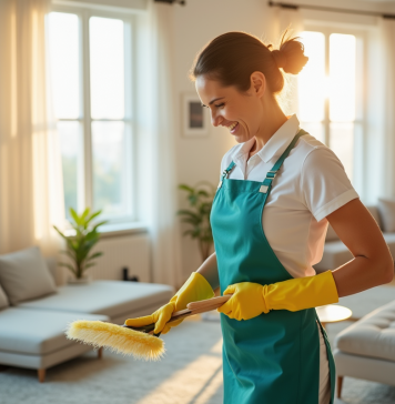 Femme de ménage souriante dans un salon lumineux et moderne
