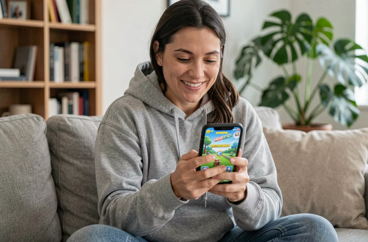 Femme jouant à Monopoly GO sur smartphone dans un salon moderne, récompenses cachées clubs des magnats