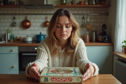 Femme examinant une boîte de Monopoly d'occasion usée sur une table de cuisine en bois