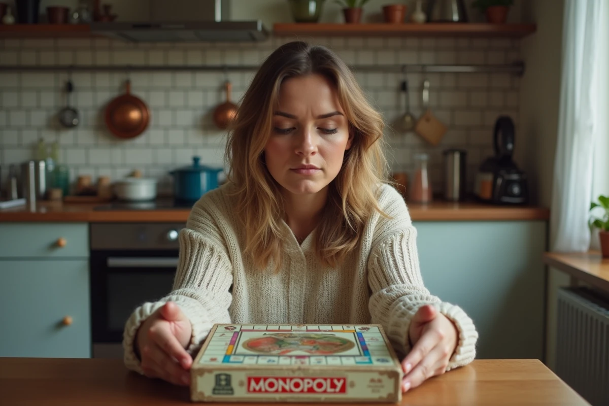 Femme examinant une boîte de Monopoly d'occasion usée sur une table de cuisine en bois
