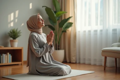 Femme musulmane en hijab beige faisant sa prière sur un tapis de prière dans un salon calme et lumineux