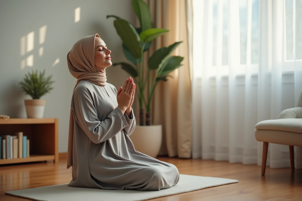 Femme musulmane en hijab beige faisant sa prière sur un tapis de prière dans un salon calme et lumineux