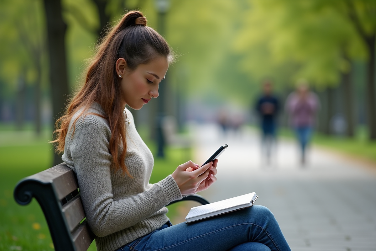 Jeune femme assise dans un parc avec smartphone