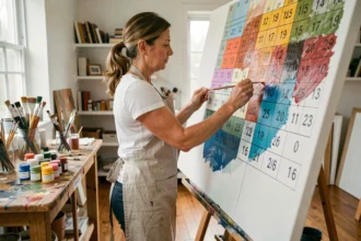 Femme en tablier de lin peignant une grande toile numérotée sur un chevalet en bois dans un atelier maison lumineux