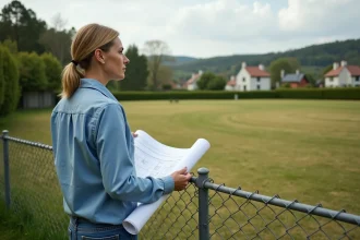 Femme en jean et chemise bleue regarde un plan architectural dans un jardin
