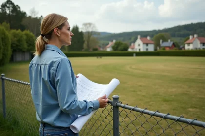 Femme en jean et chemise bleue regarde un plan architectural dans un jardin
