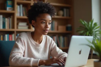Femme consultant un site de rencontre sur son ordinateur portable dans un bureau à domicile, illustrant la recherche d'une plateforme fiable