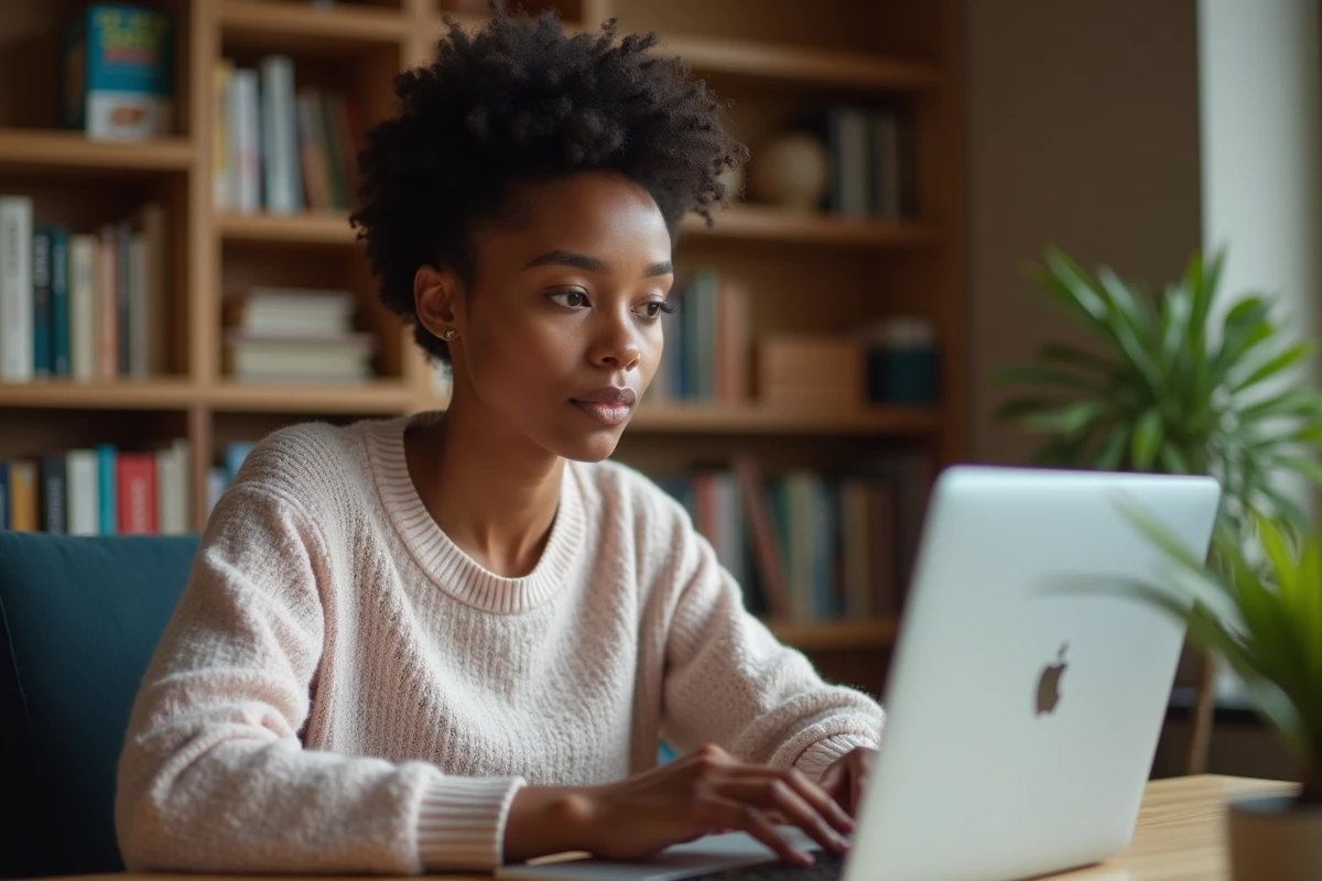 Femme consultant un site de rencontre sur son ordinateur portable dans un bureau à domicile, illustrant la recherche d'une plateforme fiable