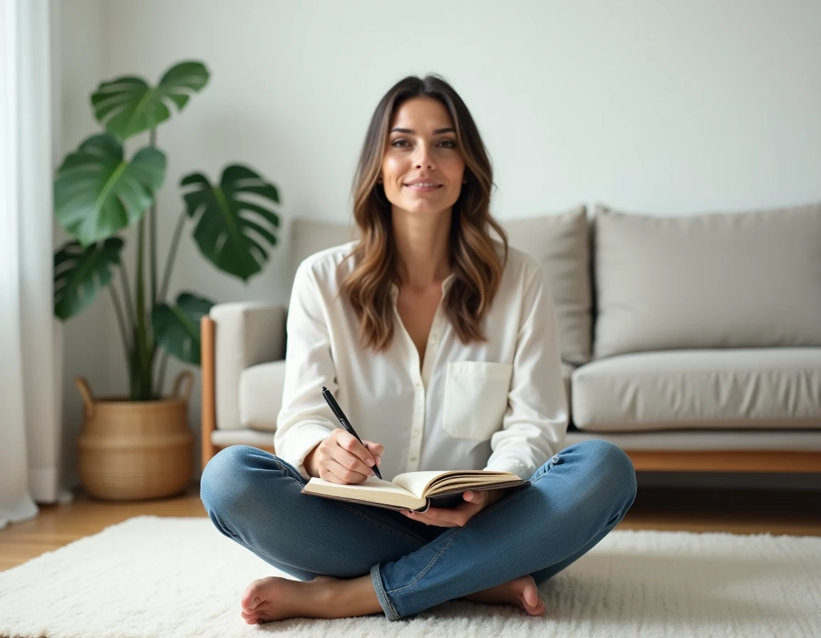 Femme écrivant dans un journal intime dans un appartement épuré, illustrant le travail intérieur et la reconstruction de soi après une rupture avec un pervers narcissique