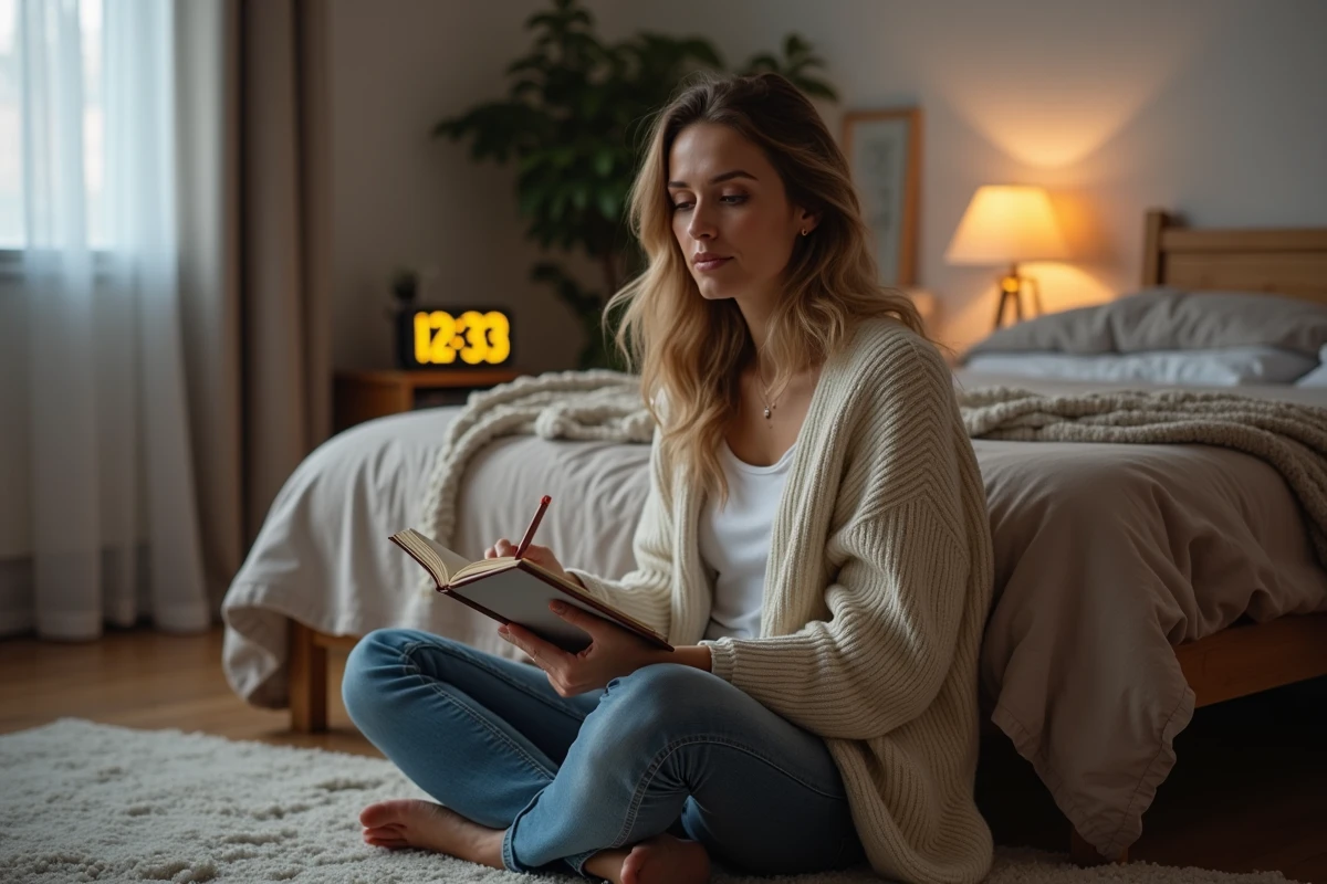 Femme assise sur le sol de sa chambre en pensant