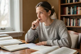 Femme en pleine réflexion intérieure assise à un bureau entouré de livres, illustrant le concept de conscientisation en psychologie