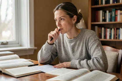 Femme en pleine réflexion intérieure assise à un bureau entouré de livres, illustrant le concept de conscientisation en psychologie