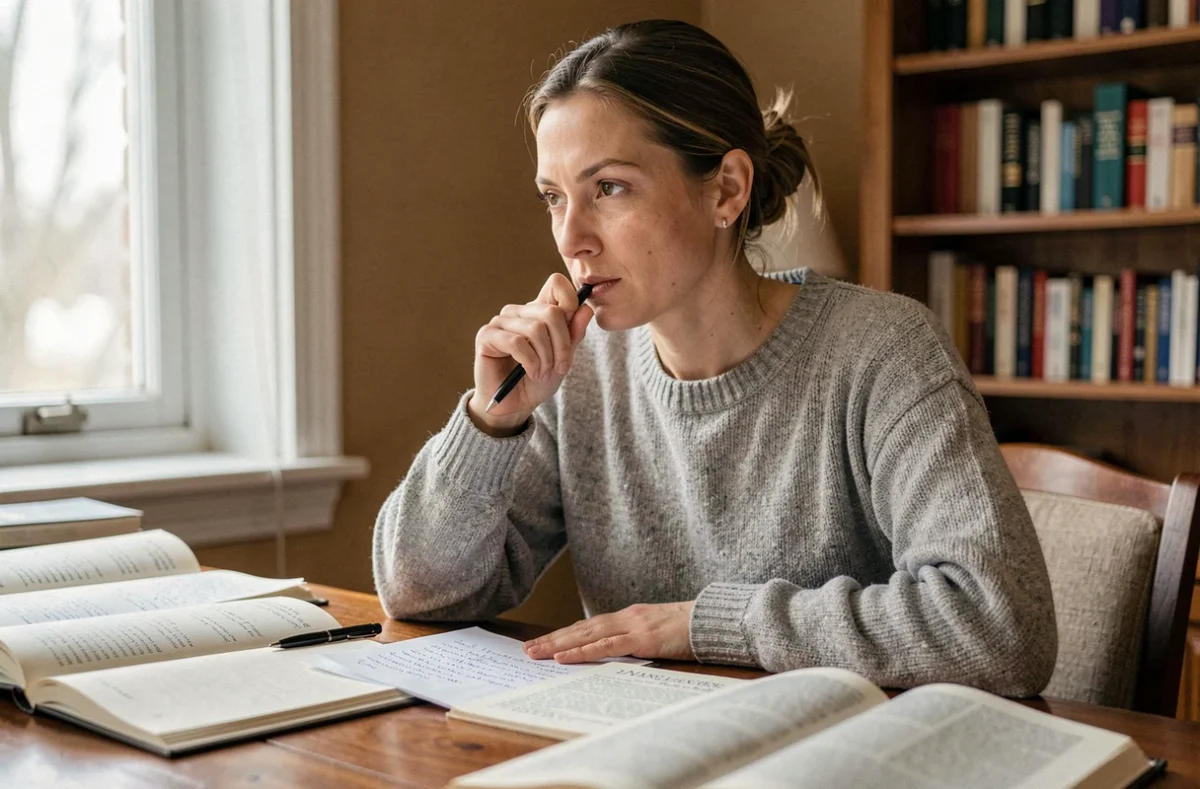 Femme en pleine réflexion intérieure assise à un bureau entouré de livres, illustrant le concept de conscientisation en psychologie