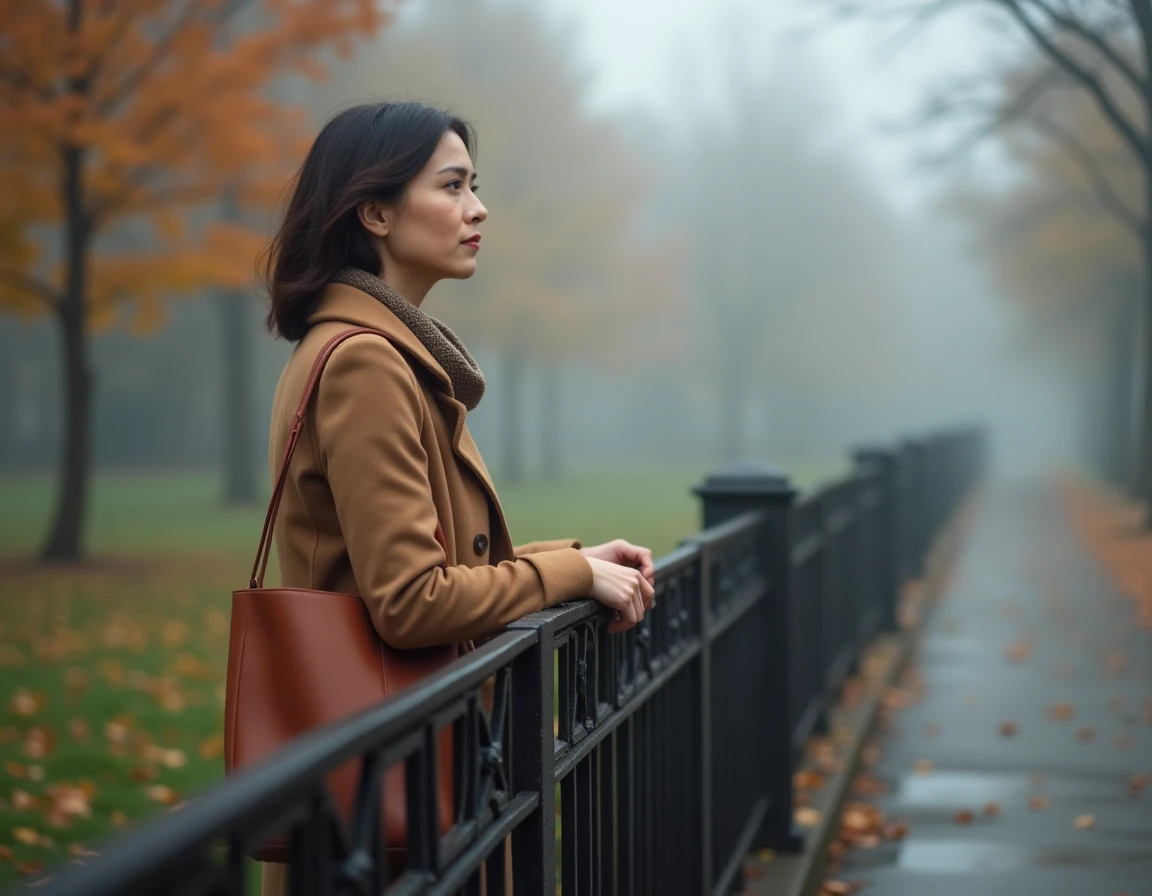 Femme déterminée debout dans un parc urbain automnal, symbolisant la résilience et le chemin vers la liberté après une relation avec un manipulateur narcissique