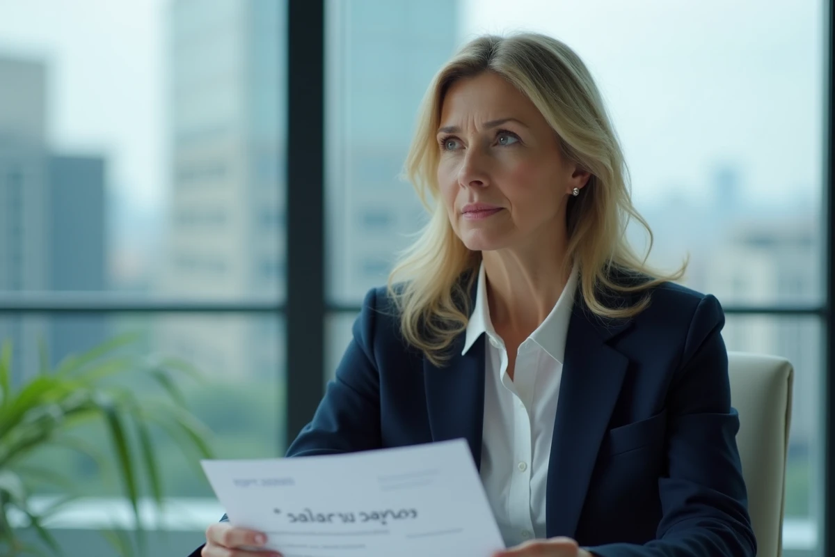 Femme en blazer navy tenant rapport salarial dans un bureau moderne