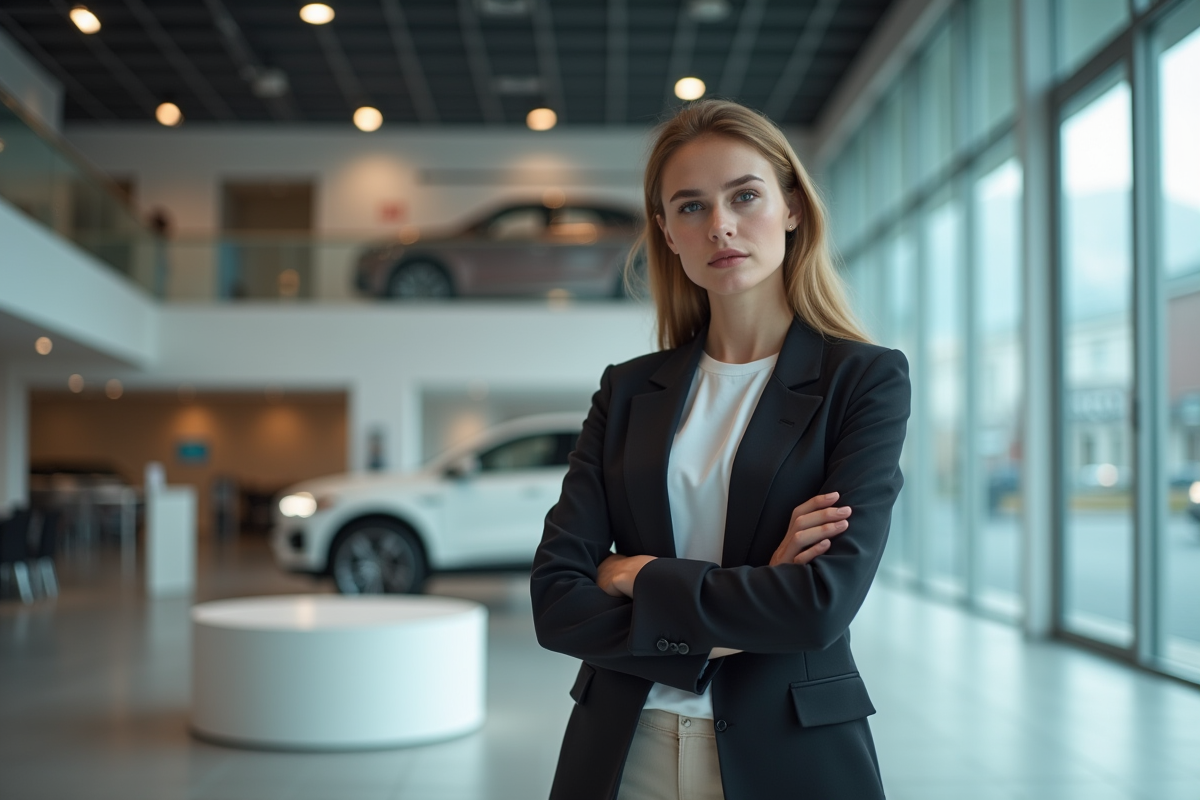 Jeune femme dans un showroom contemplant un socle vide