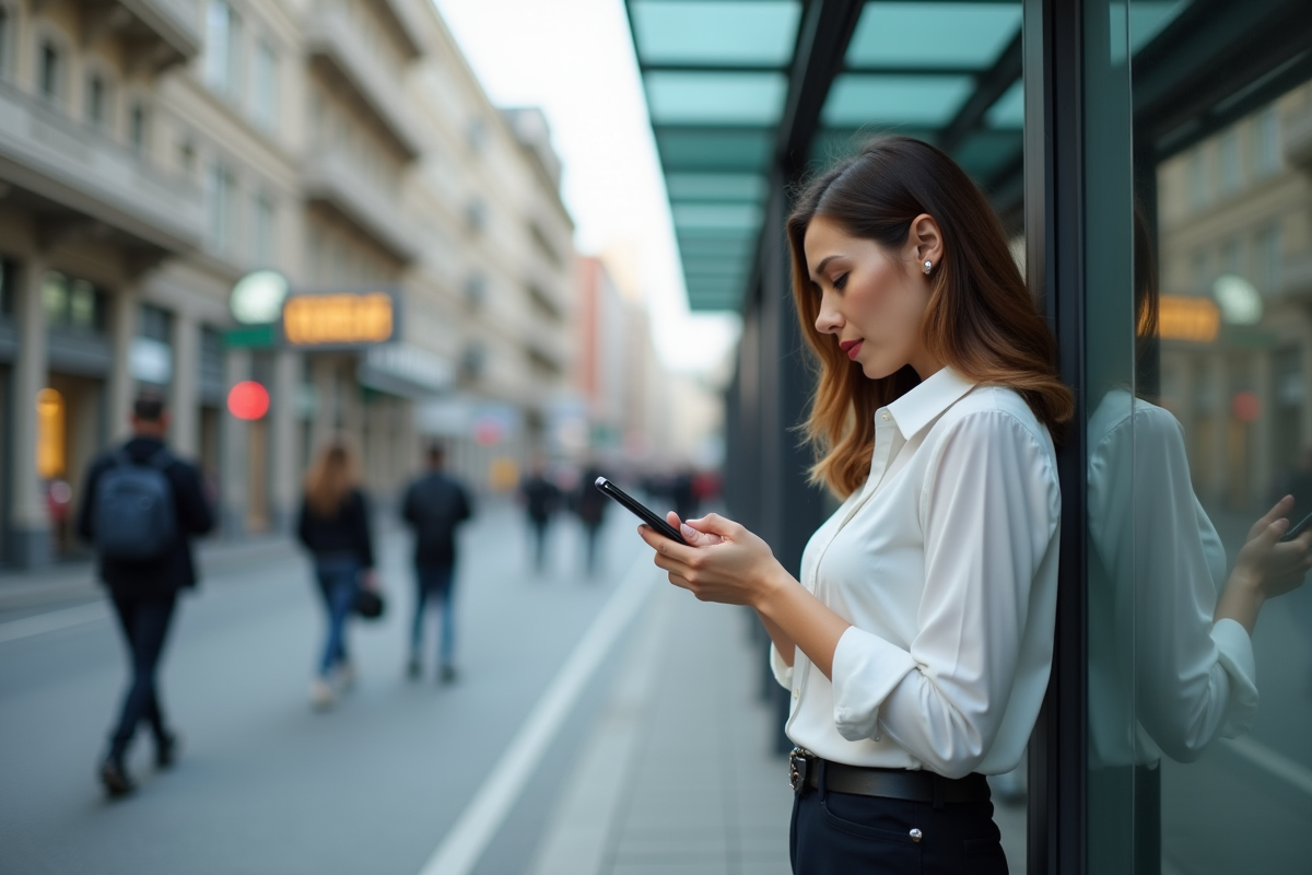 Femme vérifiant son smartphone à un arrêt de bus en ville