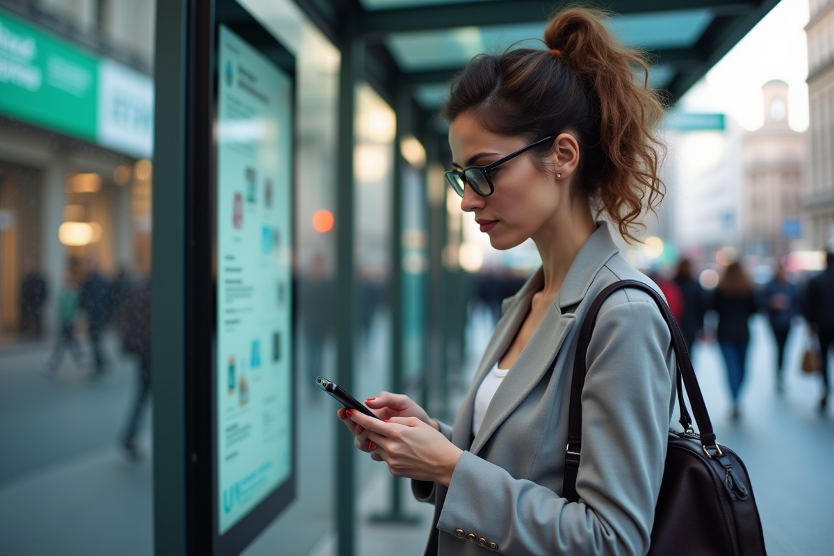 Femme regardant son smartphone à un arrêt de bus urbain