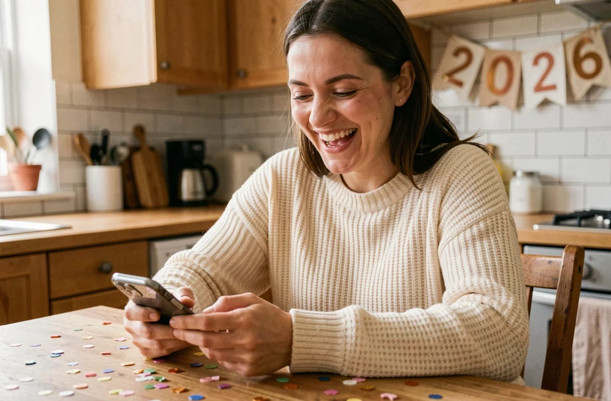 Femme souriante qui envoie des SMS de bonne année 2026 depuis sa cuisine décorée de confettis