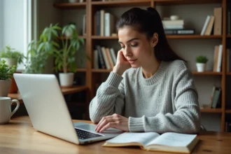 Femme consultant ses solutions de mots croisés Codycross sur un carnet tout en tapant sur son ordinateur portable dans un bureau à domicile