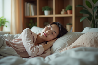 Femme dormant paisiblement dans son lit confortable