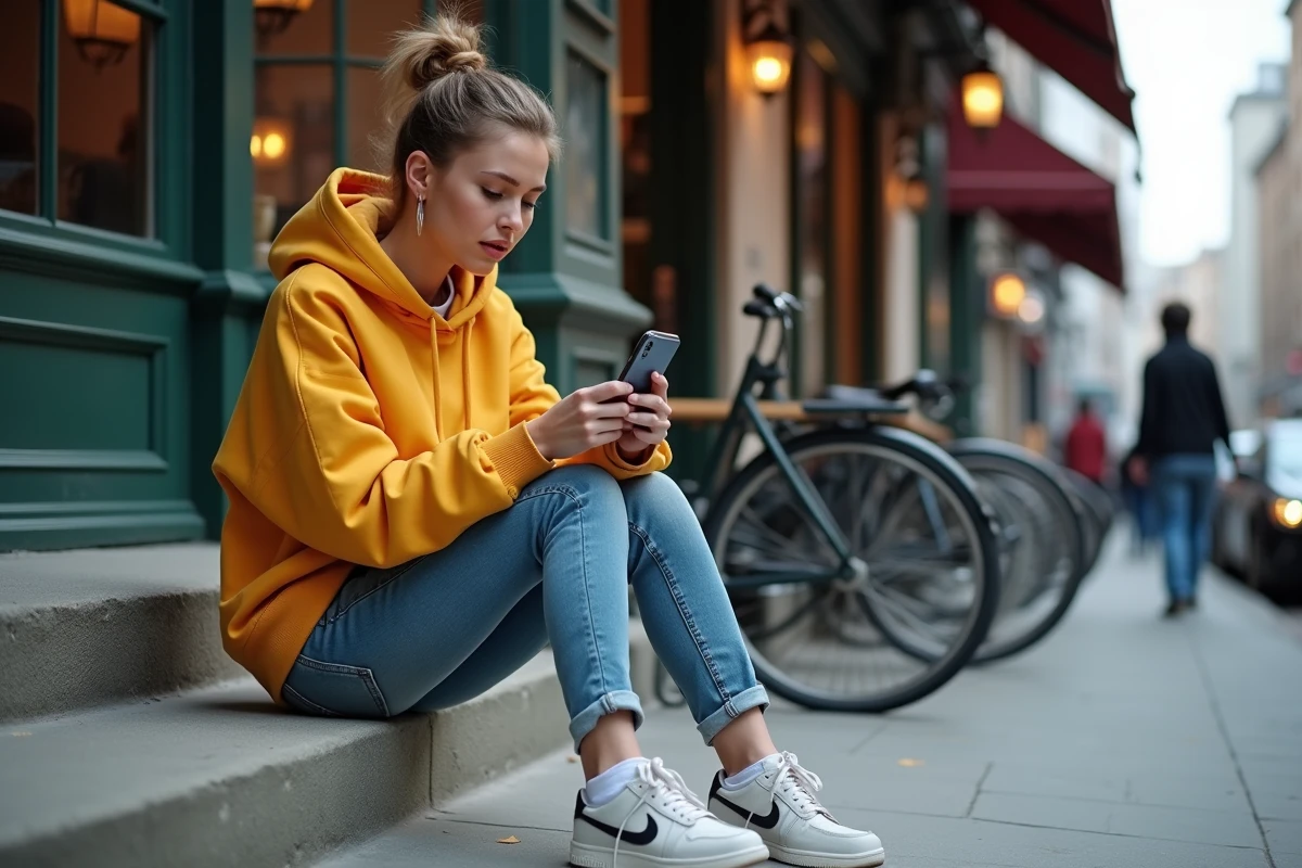 Femme en streetwear moderne sur un escalier urbain