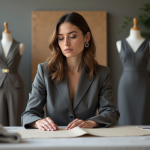Mode : qui est la personne la plus importante dans l’industrie ? Femme en tailleur examine des échantillons de tissu dans un studio de mode
