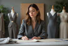 Mode : qui est la personne la plus importante dans l’industrie ? Femme en tailleur examine des échantillons de tissu dans un studio de mode