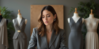 Mode : qui est la personne la plus importante dans l’industrie ? Femme en tailleur examine des échantillons de tissu dans un studio de mode