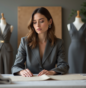 Mode : qui est la personne la plus importante dans l’industrie ? Femme en tailleur examine des échantillons de tissu dans un studio de mode