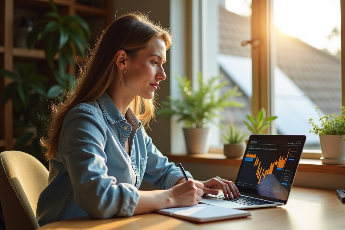 Femme surveillant la production solaire depuis son bureau