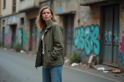 Femme urbaine en jeans et coupe-vent regardant en arrière
