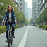 Mobilité urbaine : améliorer les déplacements en ville pour une meilleure qualité de vie Femme d'âge moyen en vélo électrique dans la ville