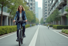 Mobilité urbaine : améliorer les déplacements en ville pour une meilleure qualité de vie Femme d'âge moyen en vélo électrique dans la ville
