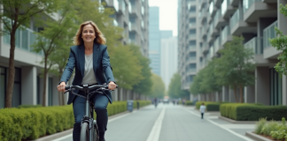 Mobilité urbaine : améliorer les déplacements en ville pour une meilleure qualité de vie Femme d'âge moyen en vélo électrique dans la ville