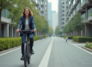Mobilité urbaine : améliorer les déplacements en ville pour une meilleure qualité de vie Femme d'âge moyen en vélo électrique dans la ville
