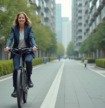 Mobilité urbaine : améliorer les déplacements en ville pour une meilleure qualité de vie Femme d'âge moyen en vélo électrique dans la ville