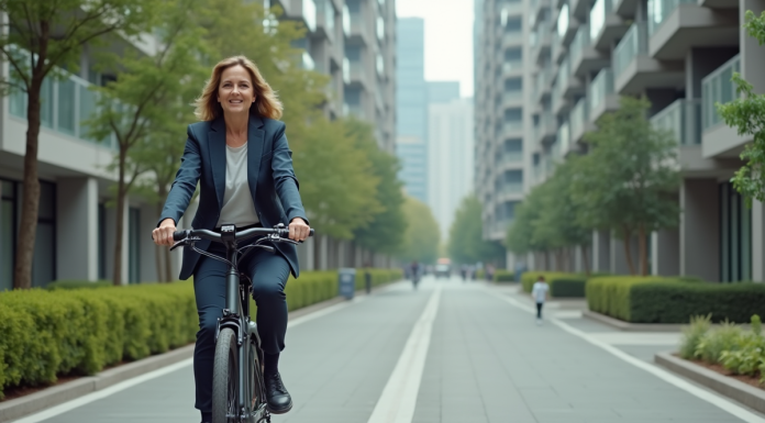 Mobilité urbaine : améliorer les déplacements en ville pour une meilleure qualité de vie Femme d'âge moyen en vélo électrique dans la ville