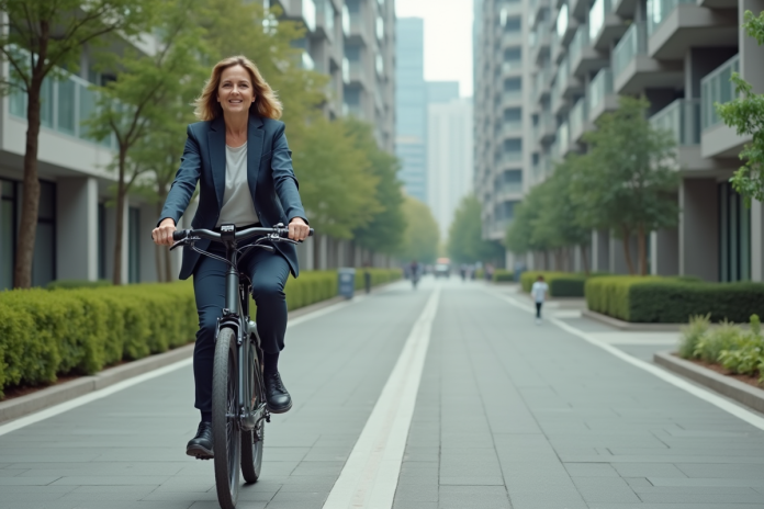 femme-velo-electrique-ville Femme d'âge moyen en vélo électrique dans la ville