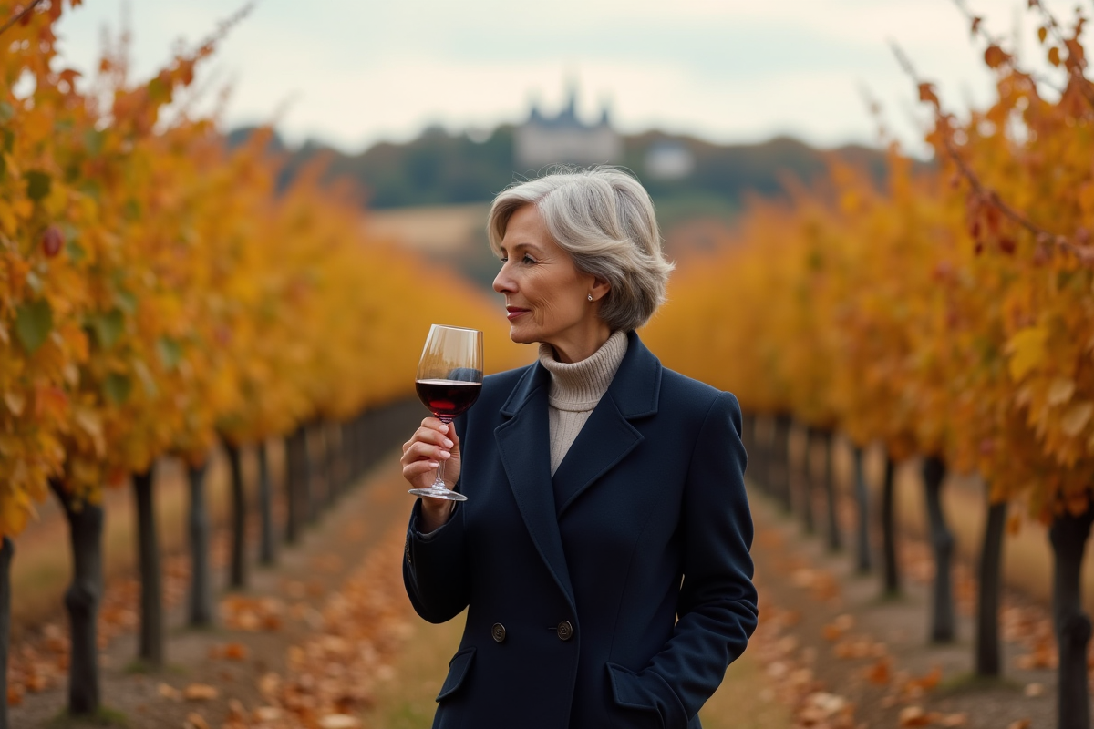 Femme élégante dans un vignoble de Bourgogne en automne