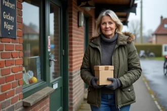 Femme avec colis devant une épicerie rurale en hiver
