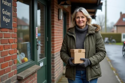 Femme avec colis devant une épicerie rurale en hiver
