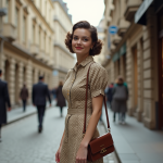 Jeune femme en robe vintage polka dots en ville