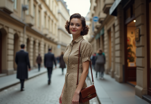 Jeune femme en robe vintage polka dots en ville