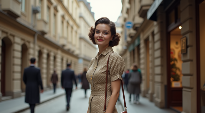 Jeune femme en robe vintage polka dots en ville