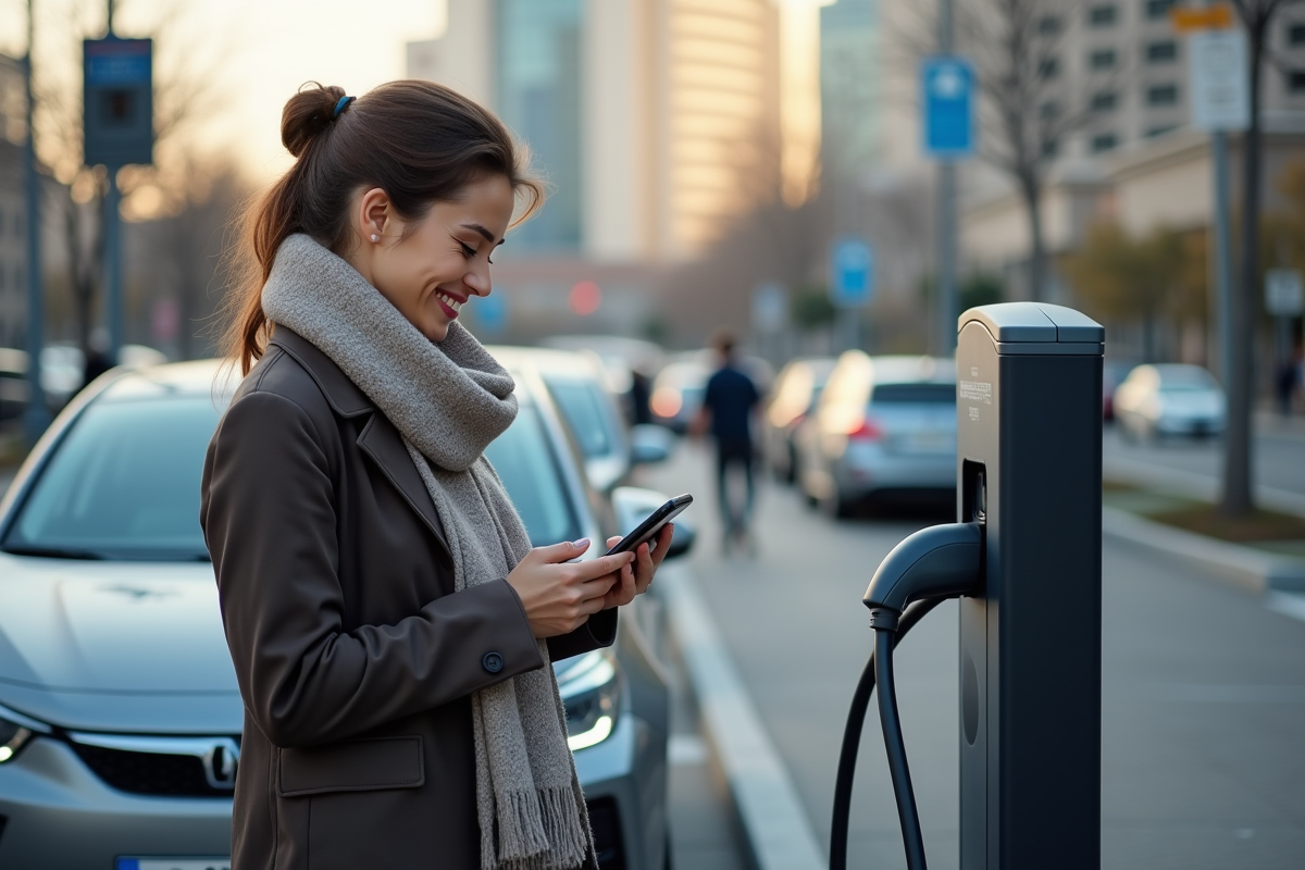 Jeune femme souriante vérifiant son téléphone lors de la charge électrique