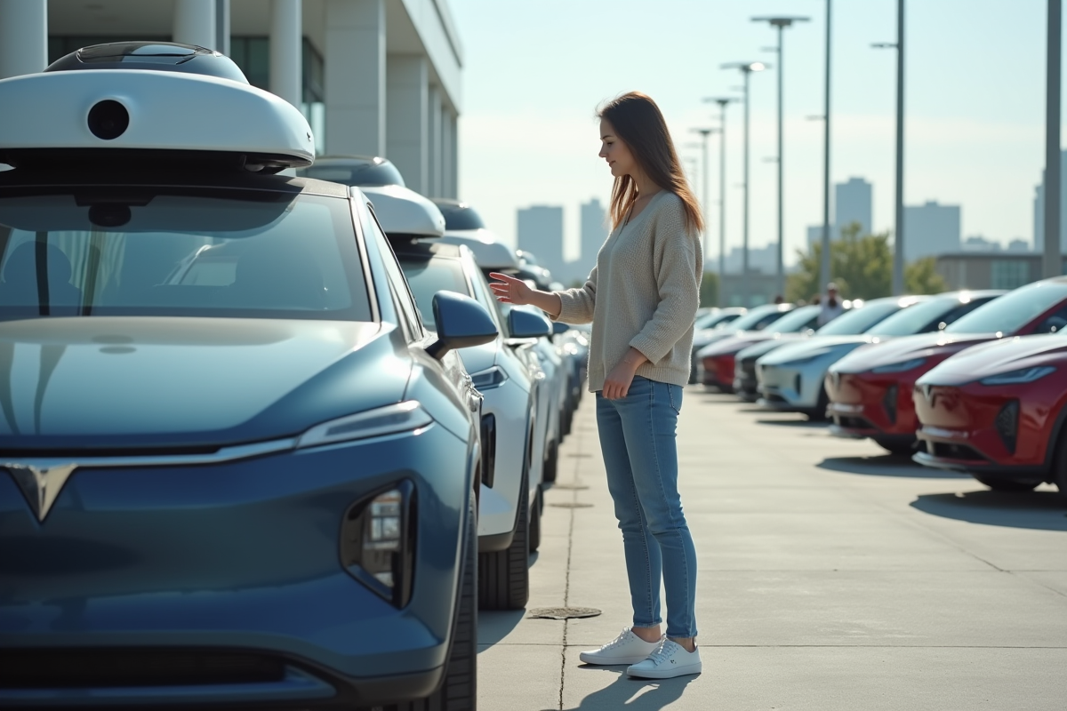 Jeune femme examine voitures autonomes en extérieur